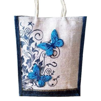 TOTE W ROPE HANDLE & JUTE - WATERCOLOR BUTTERFLIES