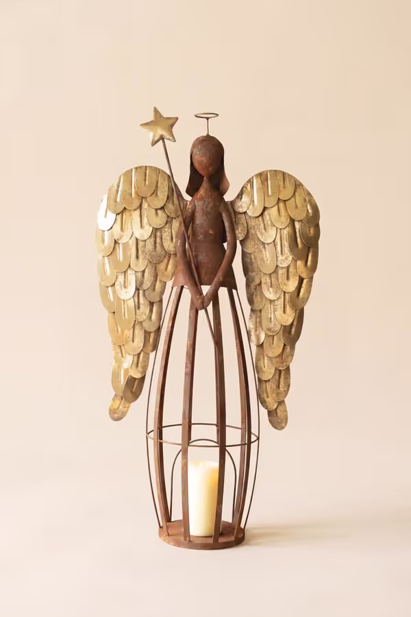Rustic Metal and Gold Painted Christmas Angel Luminary