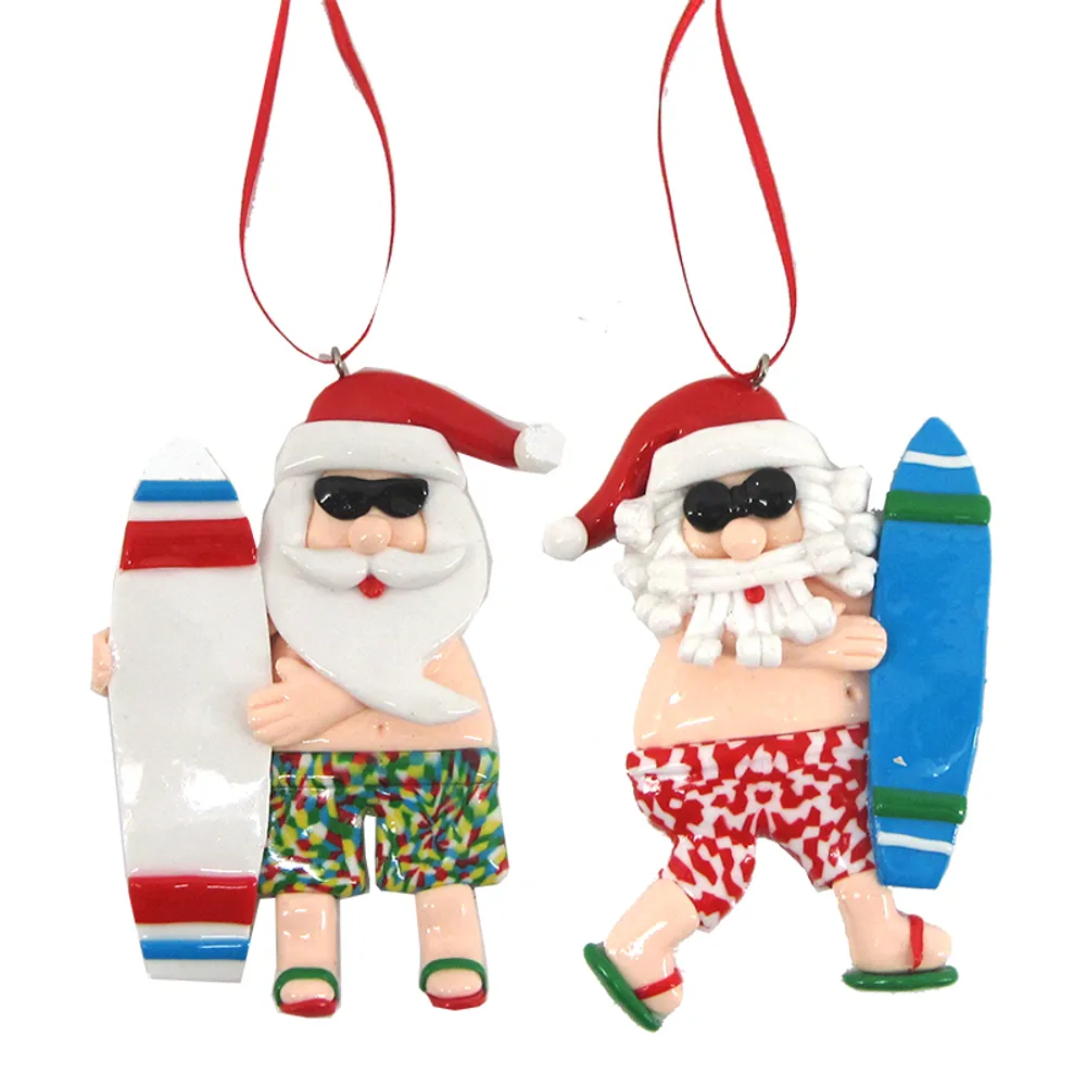 4-1/4" SANTA W/SURFBOARD ORNAMENT 2-ASST