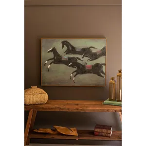 Framed Four Runaway Race Horses Painting 1