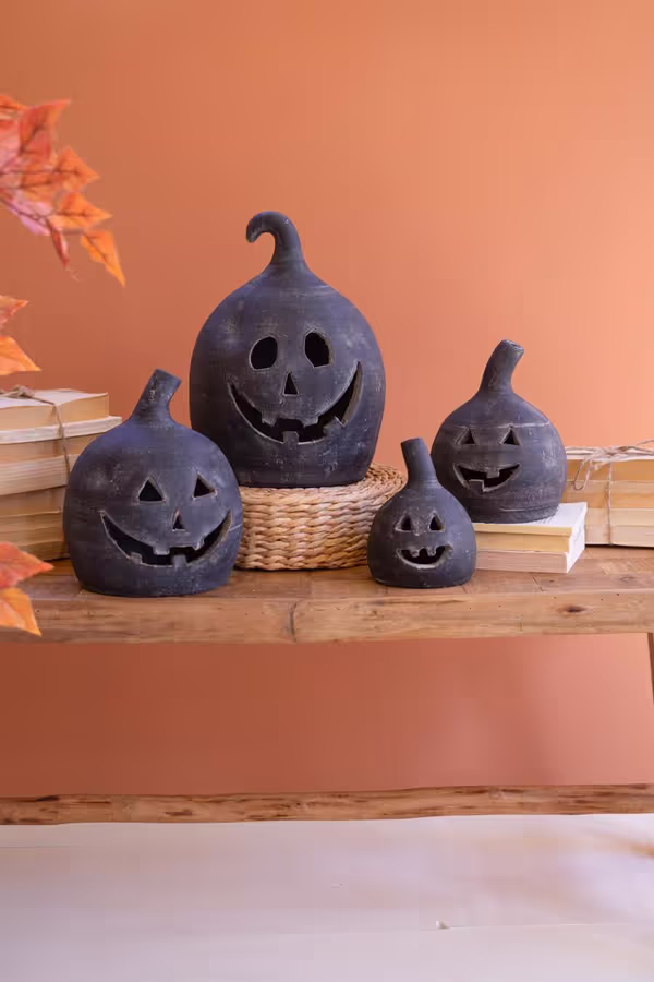 Set of 2  Small Black Clay Jack-O-Lanterns