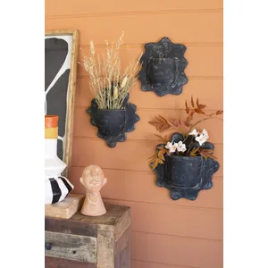 Set of 3 Black Wavy Clay Wall Planters 2