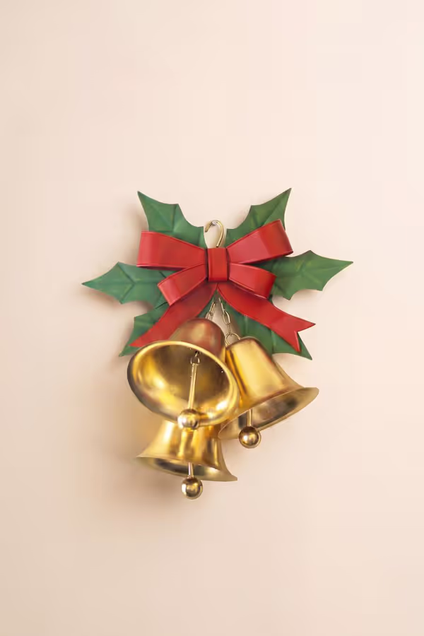 Painted Metal Christmas Bells and Holly Door Hanger